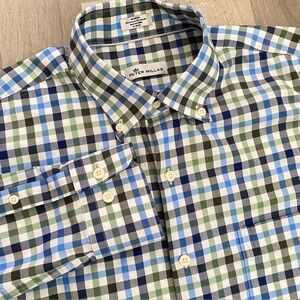 Peter Millar Mens Medium Button Down Shirt Blue White Green Mini Check Pattern